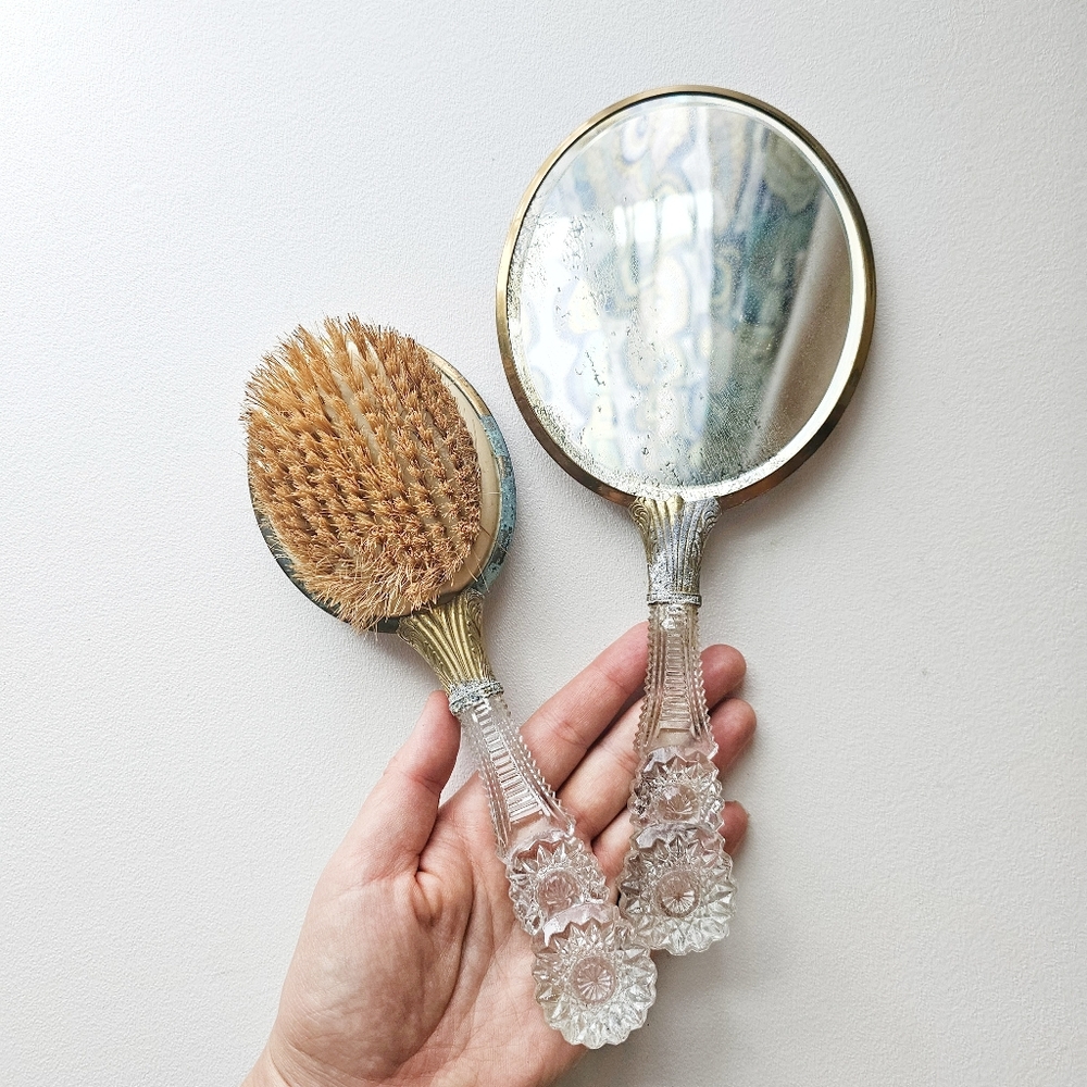 🪞 Early 1900s Antique Vanity Mirror & Brush Set Guilloché Style Glass Handles